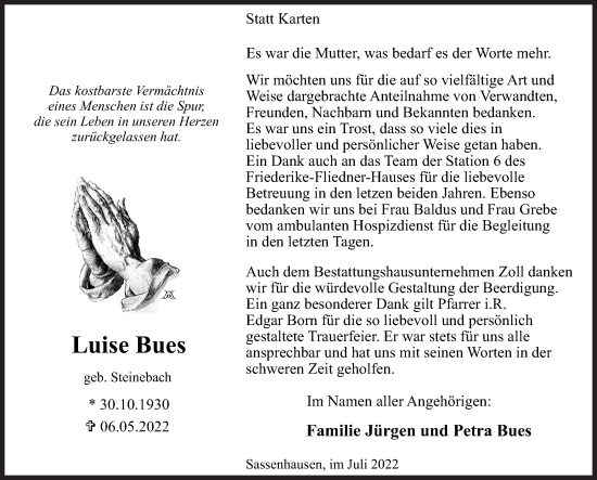 Traueranzeige von Luise Bues von Siegener Zeitung
