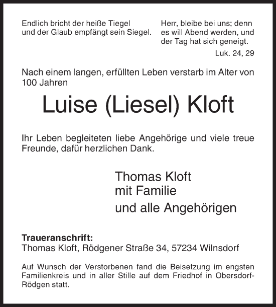 Traueranzeige von Luise Kloft von Siegener Zeitung