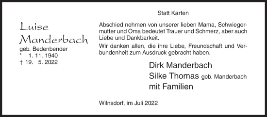 Traueranzeige von Luise Manderbach von Siegener Zeitung