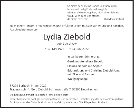 Traueranzeige von Lydia Ziebold von Siegener Zeitung
