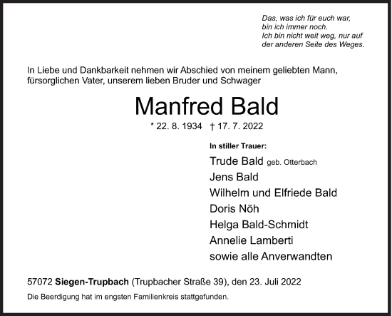 Traueranzeige von Manfred Bald von Siegener Zeitung