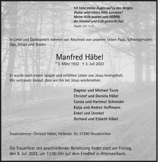 Traueranzeige von Manfred Häbel von Siegener Zeitung