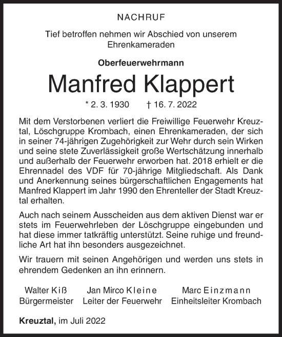 Traueranzeige von Manfred Klappert von Siegener Zeitung