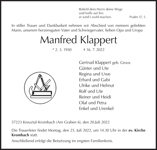 Traueranzeige von Manfred Klappert von Siegener Zeitung