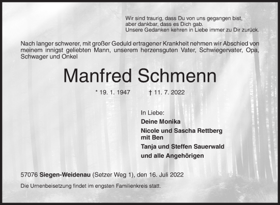 Traueranzeige von Manfred Schmenn von Siegener Zeitung