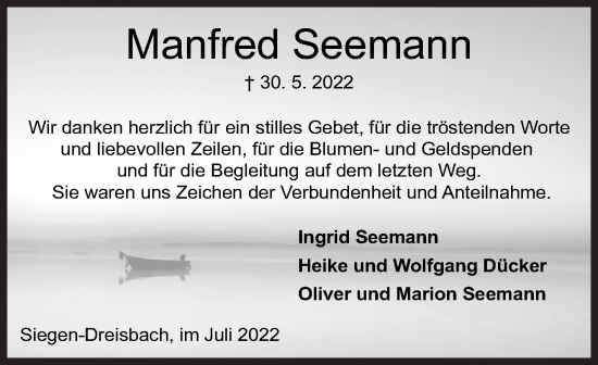 Traueranzeige von Manfred Seemann von Siegener Zeitung