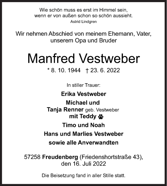 Traueranzeige von Manfred Vestweber von Siegener Zeitung