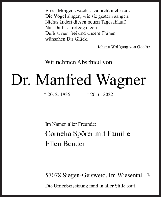 Traueranzeige von Manfred Wagner von Siegener Zeitung