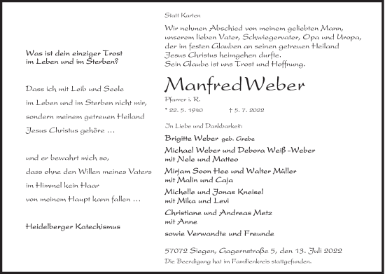 Traueranzeige von Manfred Weber von Siegener Zeitung