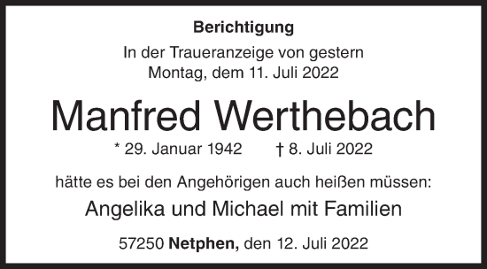 Traueranzeige von Manfred Werthebach von Siegener Zeitung