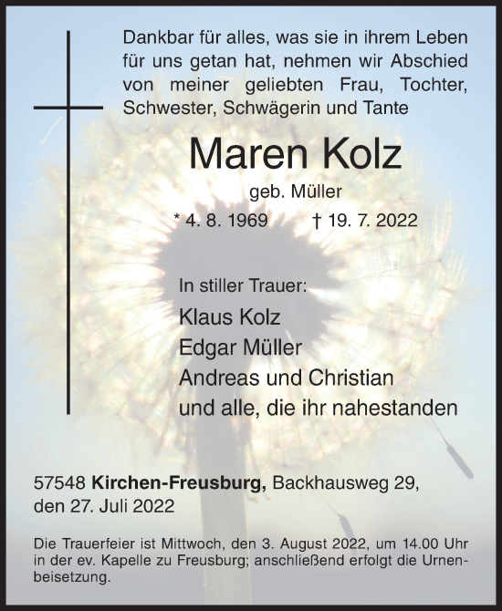 Traueranzeige von Maren Kolz von Siegener Zeitung