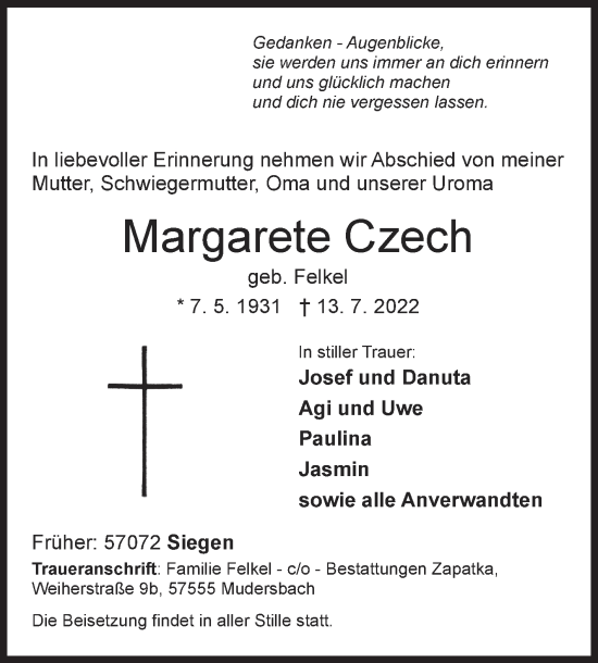 Traueranzeige von Margarete Czech von Siegener Zeitung