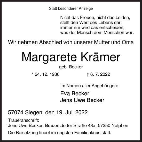 Traueranzeige von Margarete Krämer von Siegener Zeitung