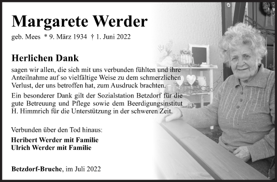Traueranzeige von Margarete Werder von Siegener Zeitung
