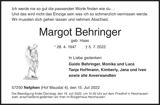Traueranzeige von Margot Behringer von Siegener Zeitung