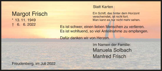 Traueranzeige von Margot Frisch von Siegener Zeitung