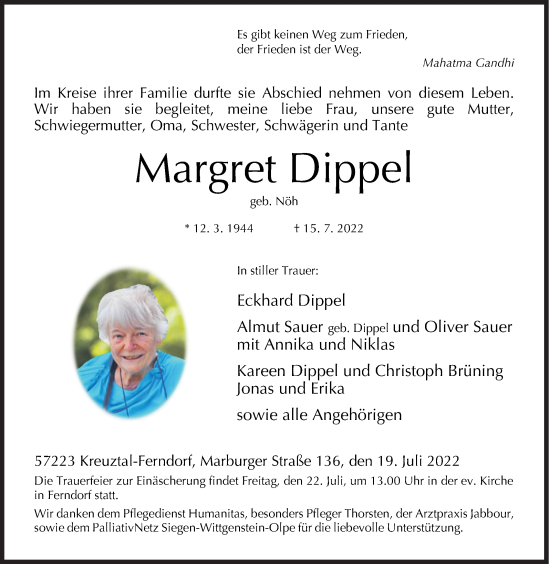 Traueranzeige von Margret Dippel von Siegener Zeitung