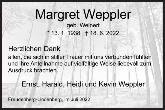 Traueranzeige von Margret Weppler von Siegener Zeitung