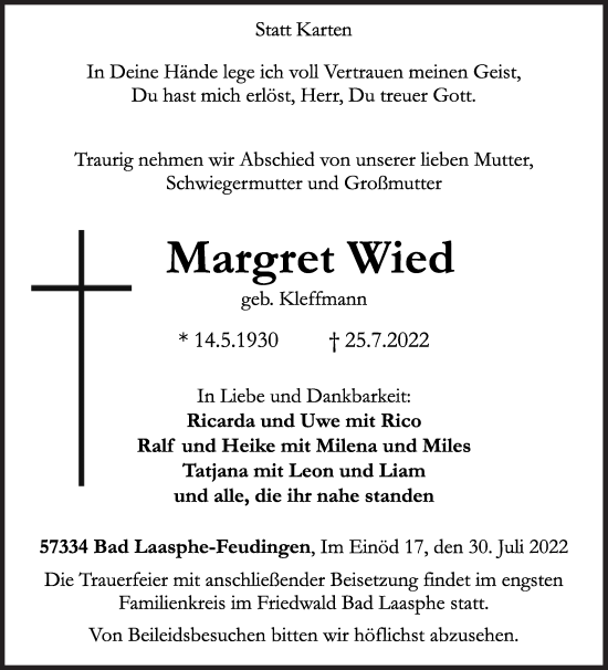 Traueranzeige von Margret Wied von Siegener Zeitung
