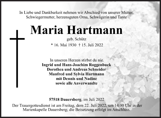 Traueranzeige von Maria Hartmann von Siegener Zeitung