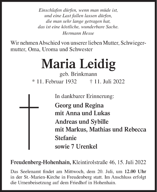Traueranzeige von Maria Leidig von Siegener Zeitung