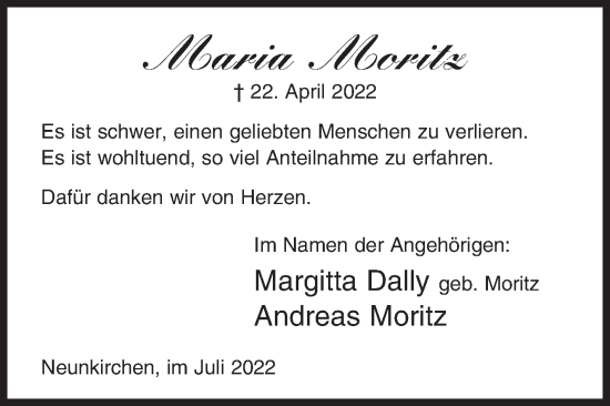 Traueranzeige von Maria Moritz von Siegener Zeitung