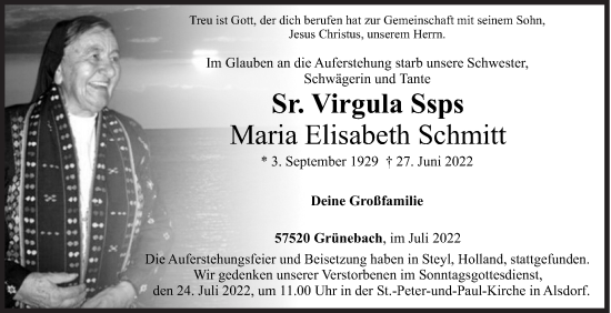 Traueranzeige von Maria Elisabeth Schmitt von Siegener Zeitung