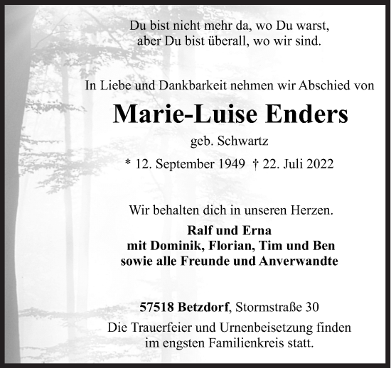 Traueranzeige von Marie-Luise Enders von Siegener Zeitung