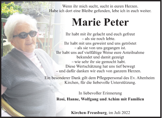 Traueranzeige von Marie Peter von Siegener Zeitung