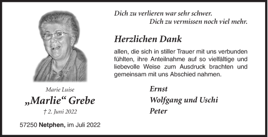 Traueranzeige von Marie Luise Grebe von Siegener Zeitung