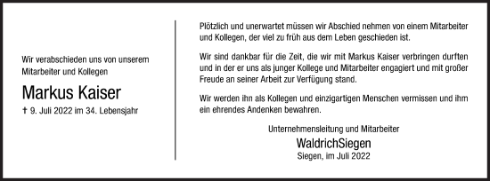 Traueranzeige von Markus Kaiser von Siegener Zeitung