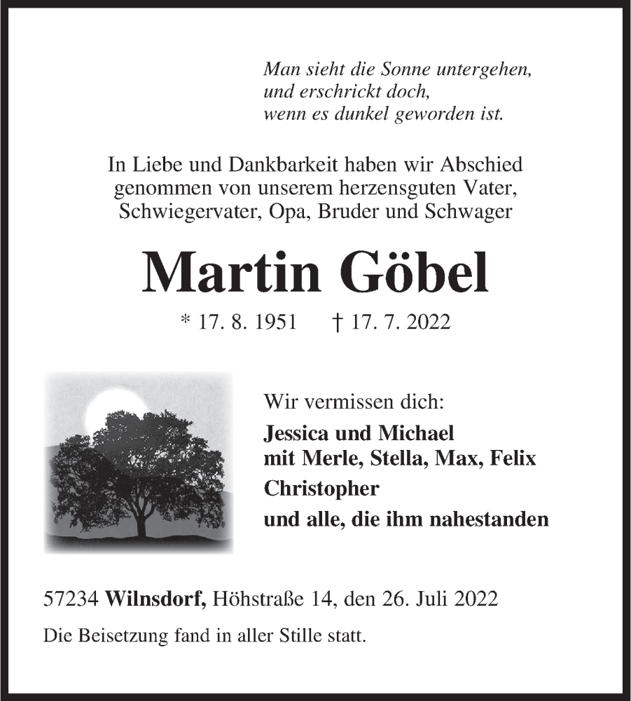  Traueranzeige für Martin Göbel vom 26.07.2022 aus Siegener Zeitung