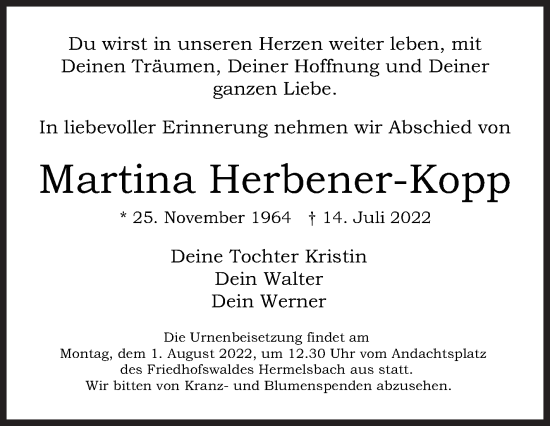 Traueranzeige von Martina Herbener-Kopp von Siegener Zeitung