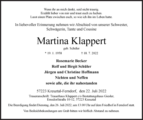 Traueranzeige von Martina Klappert von Siegener Zeitung