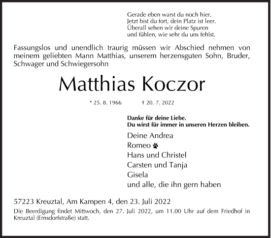 Traueranzeige von Matthias Koczor von Siegener Zeitung
