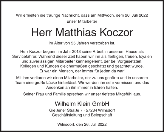 Traueranzeige von Matthias Koczor von Siegener Zeitung