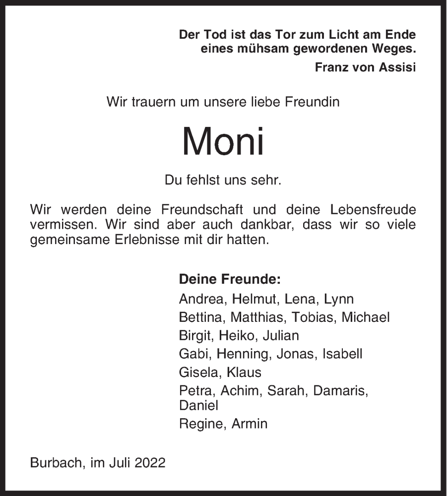 Traueranzeige für Moni  vom 22.07.2022 aus Siegener Zeitung