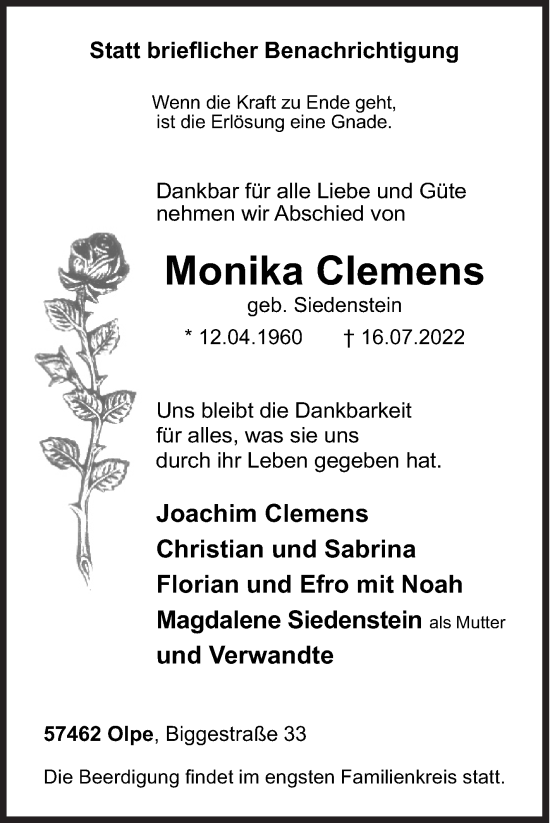 Traueranzeige von Monika Clemens von Siegener Zeitung