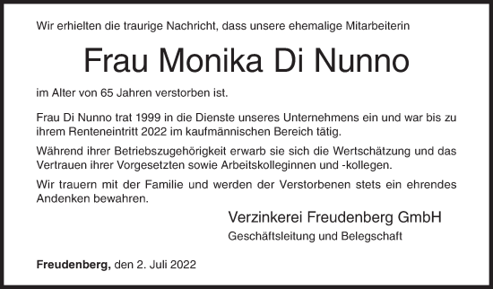 Traueranzeige von Monika Di Nunno von Siegener Zeitung