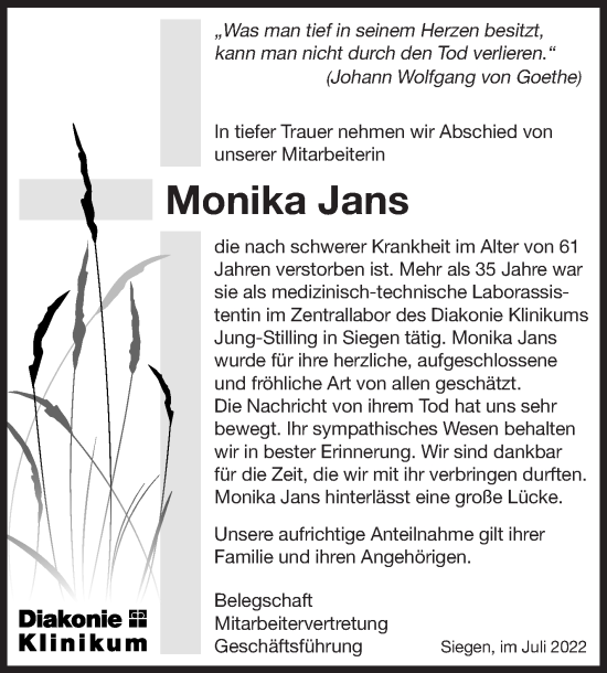 Traueranzeige von Monika Jans von Siegener Zeitung