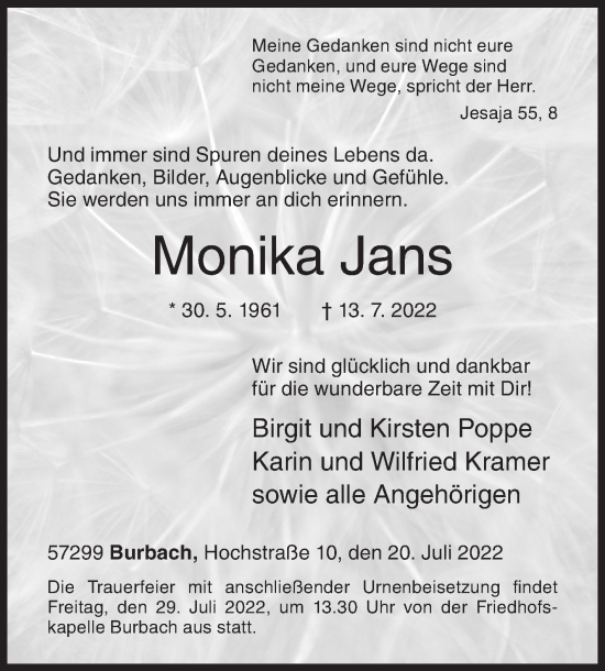 Traueranzeige von Monika Jans von Siegener Zeitung