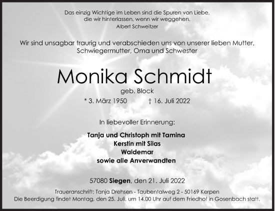 Traueranzeige von Monika Schmidt von Siegener Zeitung