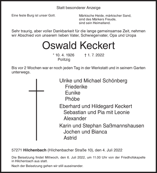 Traueranzeige von Oswald Keckert von Siegener Zeitung