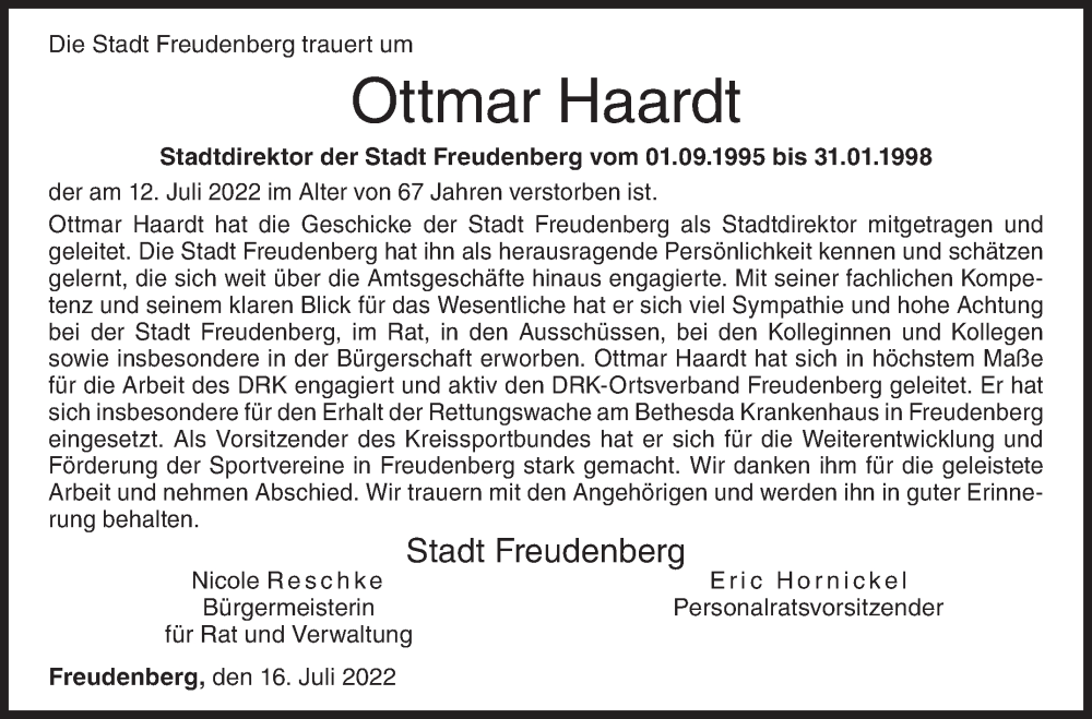  Traueranzeige für Ottmar Haardt vom 16.07.2022 aus Siegener Zeitung