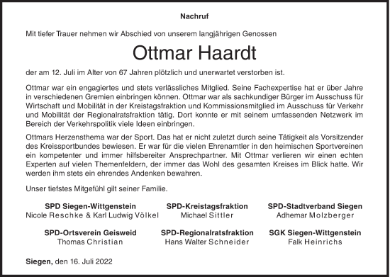 Traueranzeige von Ottmar Haardt von Siegener Zeitung