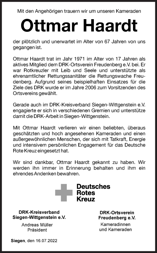 Traueranzeige von Ottmar Haardt von Siegener Zeitung