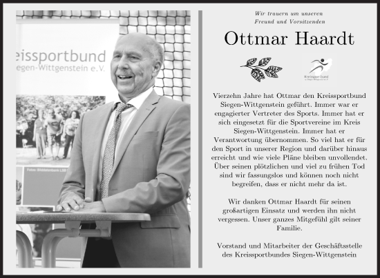 Traueranzeige von Ottmar Haardt von Siegener Zeitung