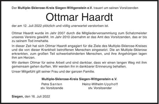 Traueranzeige von Ottmar Haardt von Siegener Zeitung
