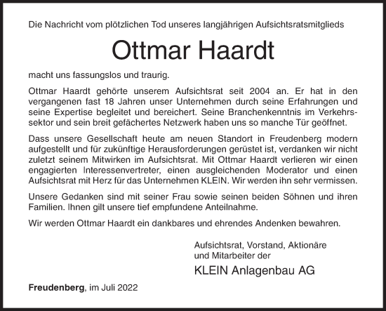 Traueranzeige von Ottmar Haardt von Siegener Zeitung