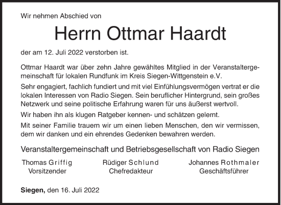 Traueranzeige von Ottmar Haardt von Siegener Zeitung